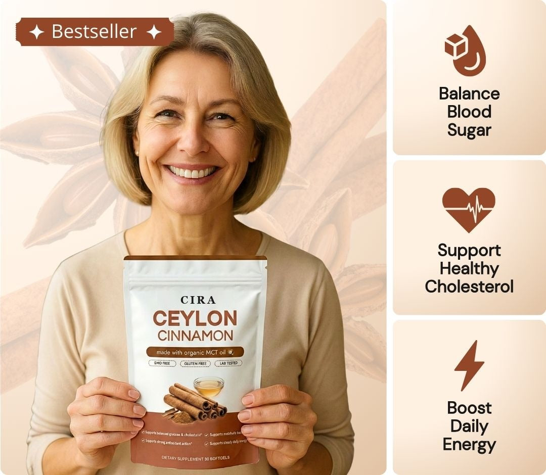 Woman holding a pouch of CIRA Ceylon Cinnamon softgels