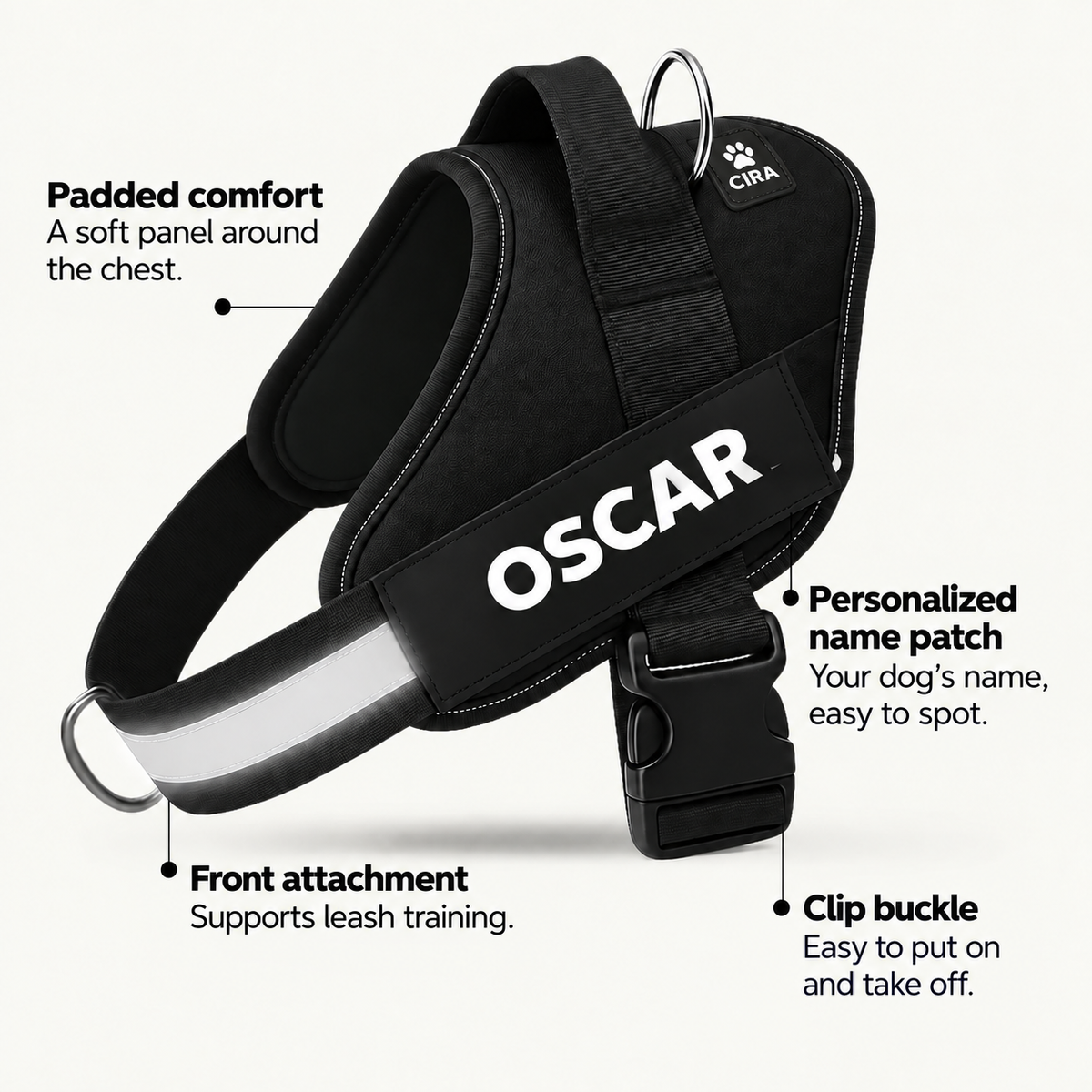 CIRA — Harness padding, name patch, front attachment and buckle — en-harness-2