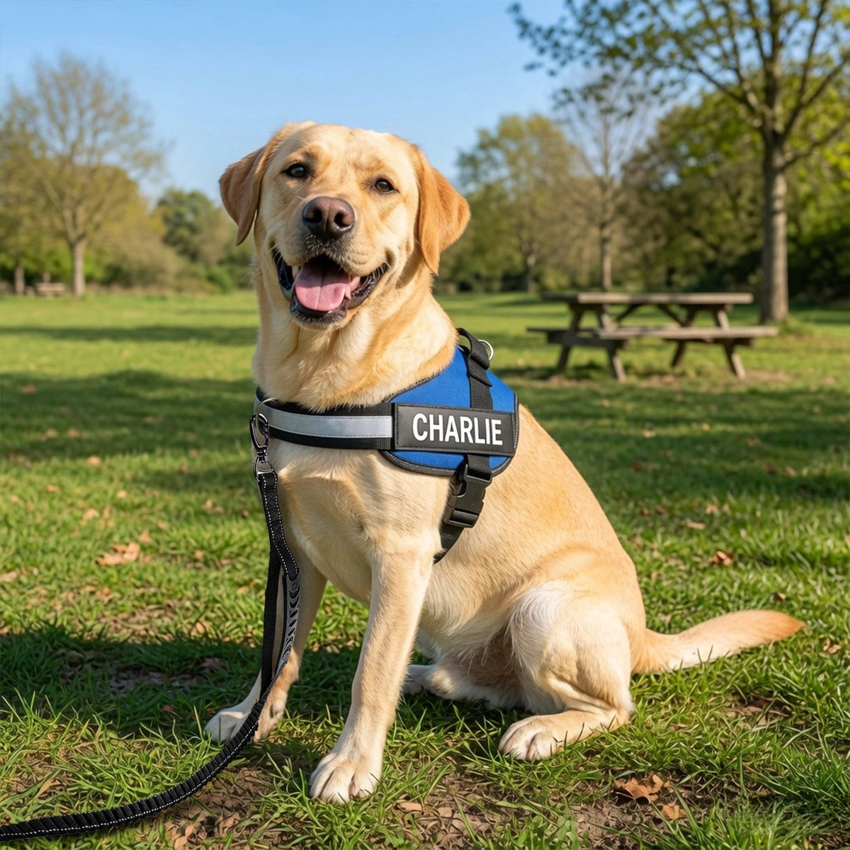 CIRA — Dog wearing the blue harness outdoors — en-harness-4